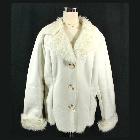 Coldwater Creek Ivory Faux Suede Shearling Fur Lined Sherpa Coat Whipstitch - Lg - Picture 1 of 11